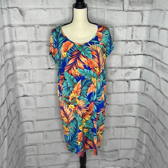 Cielo Dresses & Skirts - Cielo Blu Dress Hawaiian Blue Green Yellow Scoop Neck Short Sleeve Palms Large